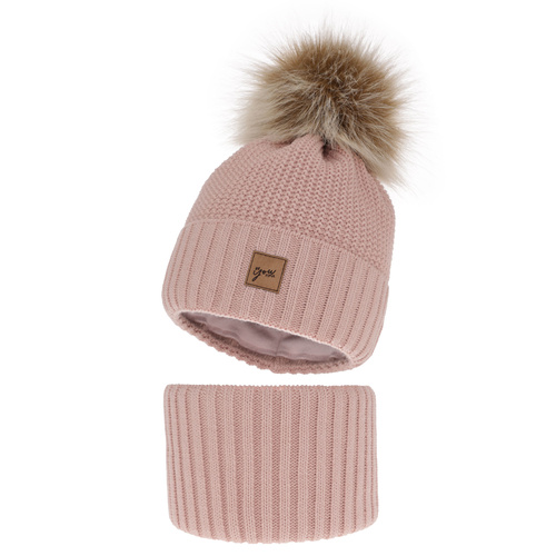 Ensemble d'hiver fille: bonnet et snood, rose, avec pompon, Juliette