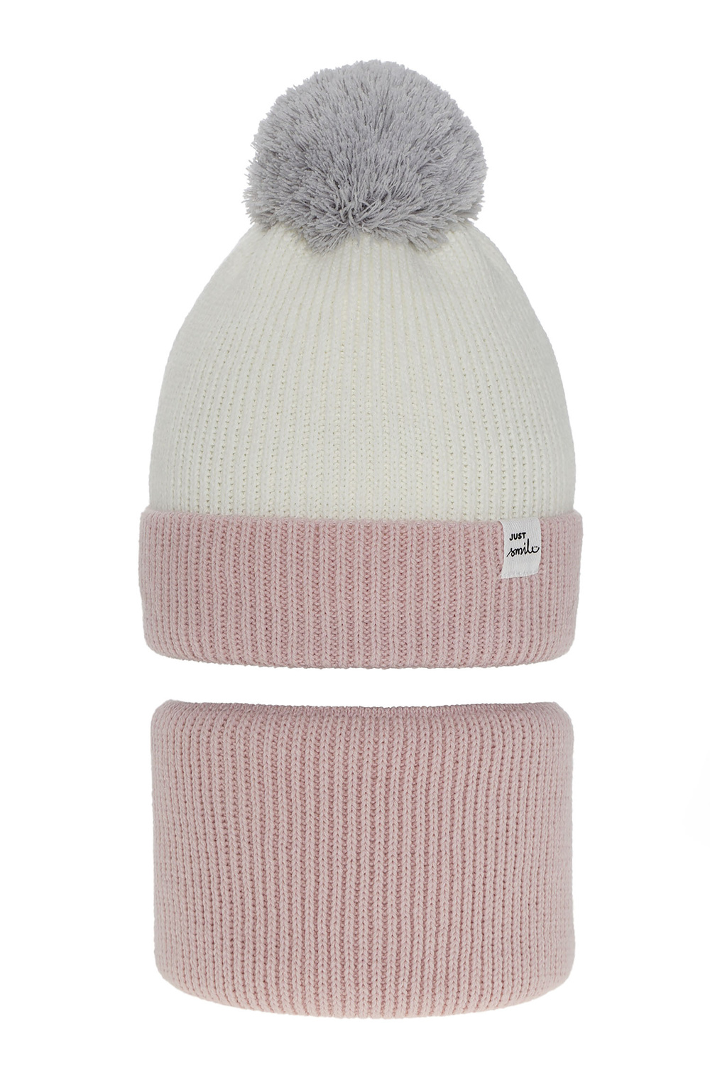 Meisjes winter set muts en buissjaal, roze, met garen pompon, Rosalin