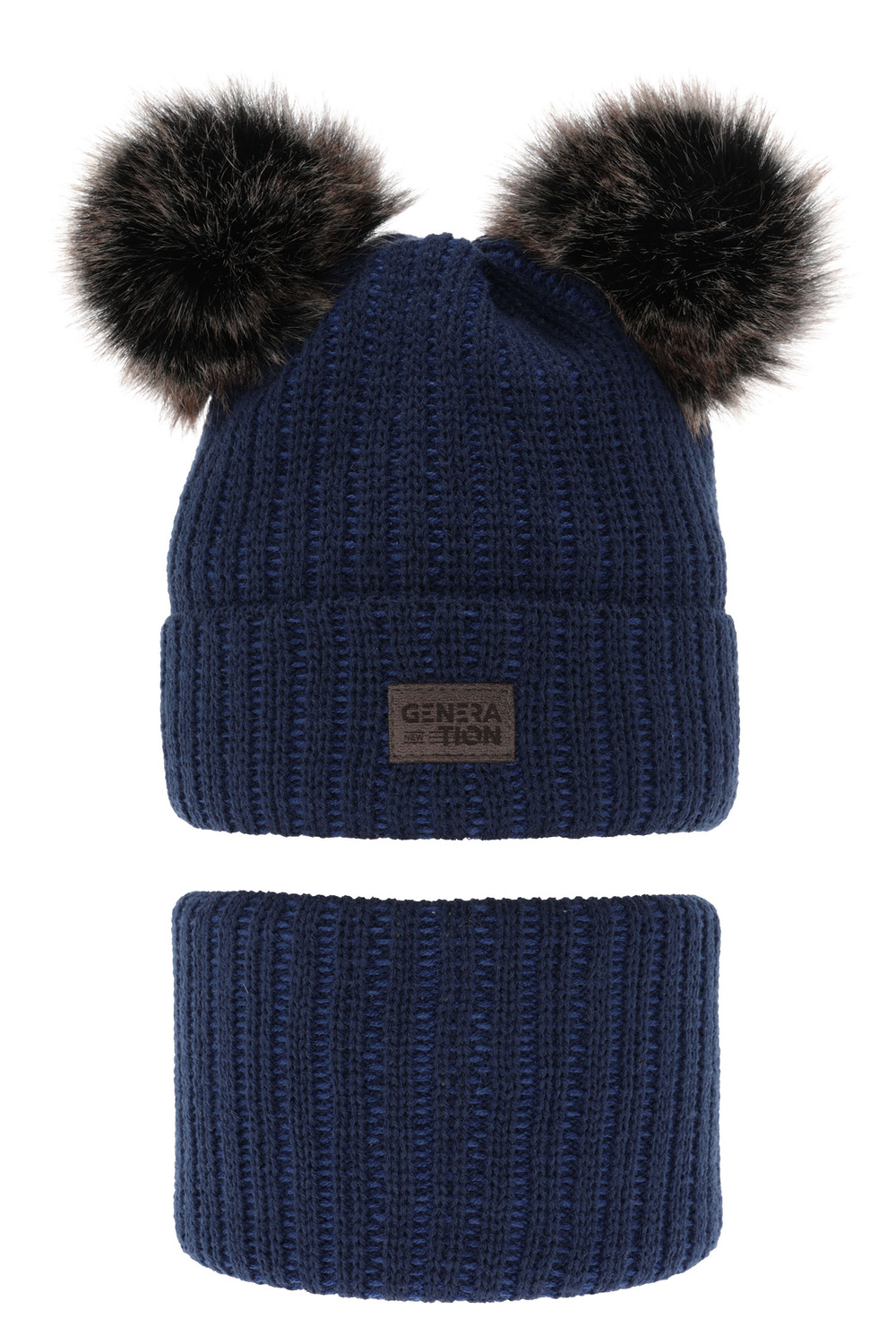 Ensemble d'hiver garçon: bonnet et snood, bleu marine, avec deux pompons, Tokio