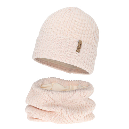 Meisjes winter set: muts en buissjaal gevoerd met fleece, roze, met merinowol, Odette