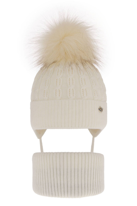 Ensemble d'hiver fille: bonnet et snood, crème, avec pompon, Tukana