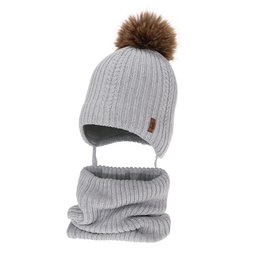 Ensemble d'hiver garçon: bonnet et snood, gris, avec laine mérinos, avec liens, Zongo