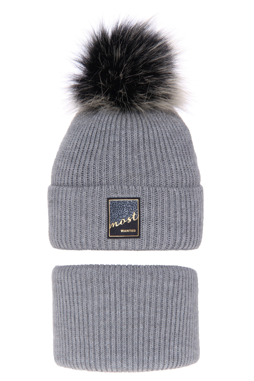 Meisjes winter set muts en sjaal, grijs, met garen pompon, Sycylia