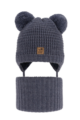 Ensemble d'hiver garçon: bonnet et snood, bleu, avec deux pompons, avec liens, Krispi