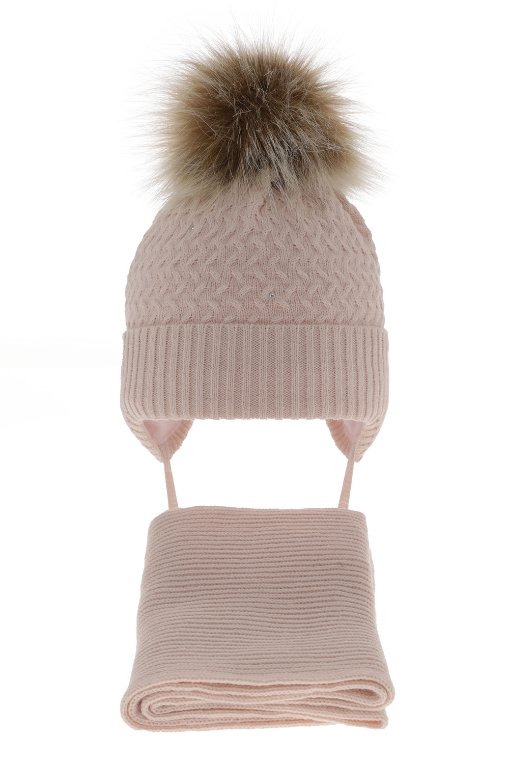 Ensemble d'hiver fille: bonnet et écharpe, rose clair, avec pompon, avec liens, Zelta