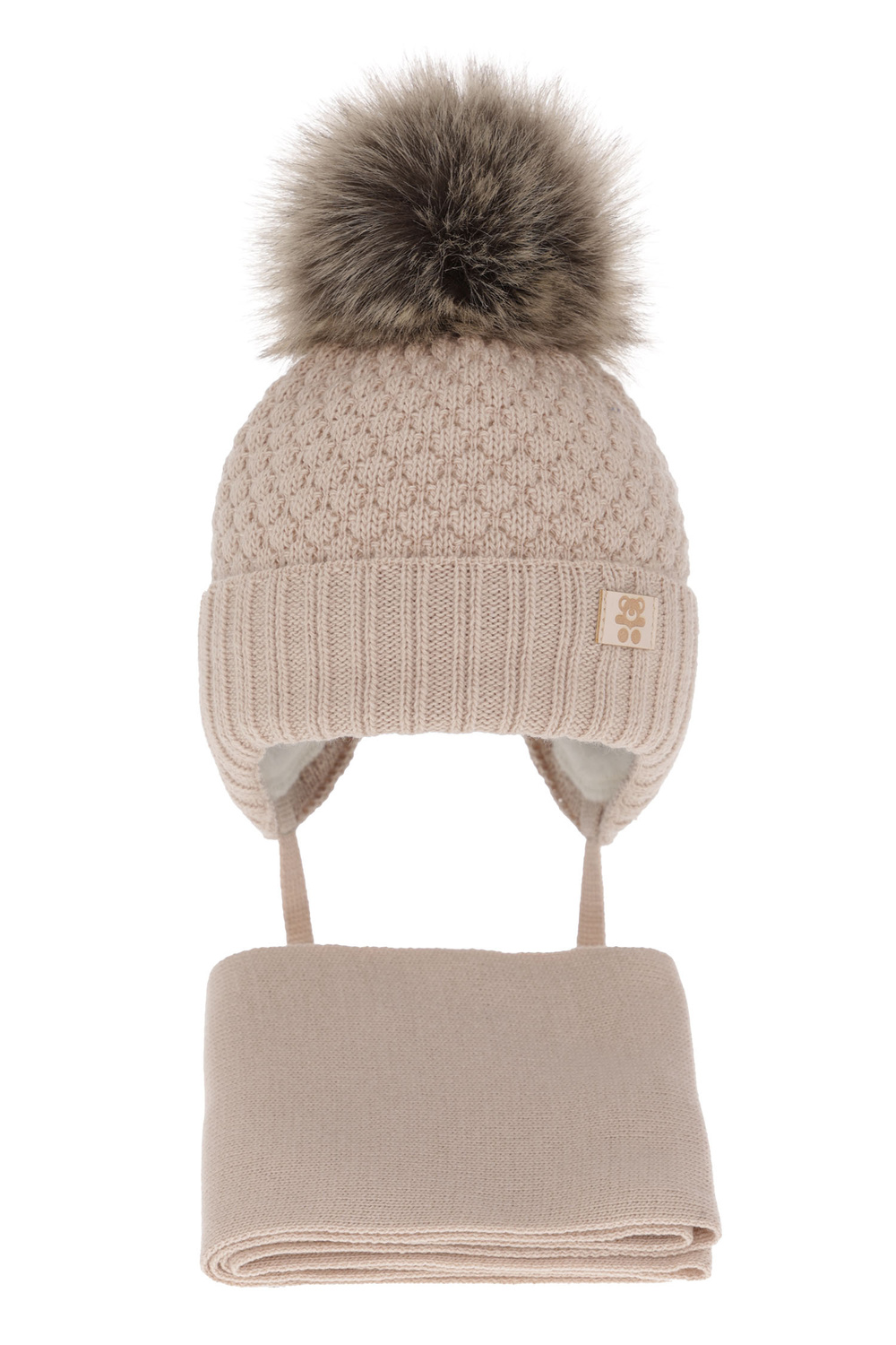 Ensemble d'hiver garçon: bonnet et écharpe, beige, avec pompon, avec liens, Norberto