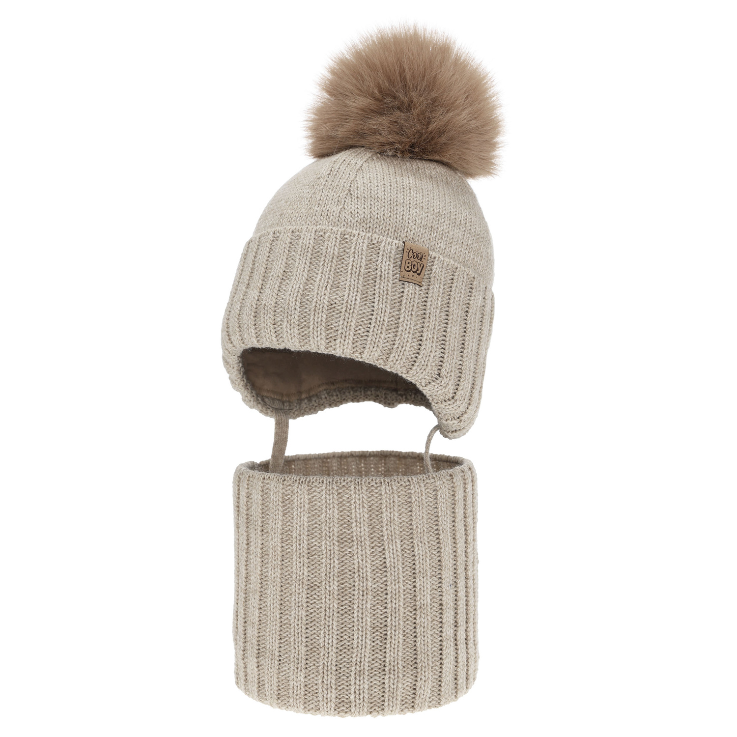Ensemble d'hiver garçon: bonnet et snood, beige, avec pompon, Talens