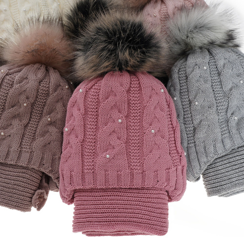 Ensemble d'hiver fille: bonnet et écharpe, rose, avec pompon, Mirella