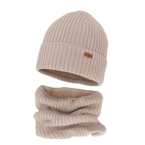 Ensemble d'hiver garçon: bonnet et snood, beige, avec laine mérinos, Palermo
