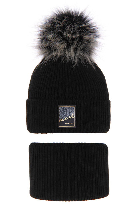 Meisjes winter set, zwart, met garen pompon, Sycylia