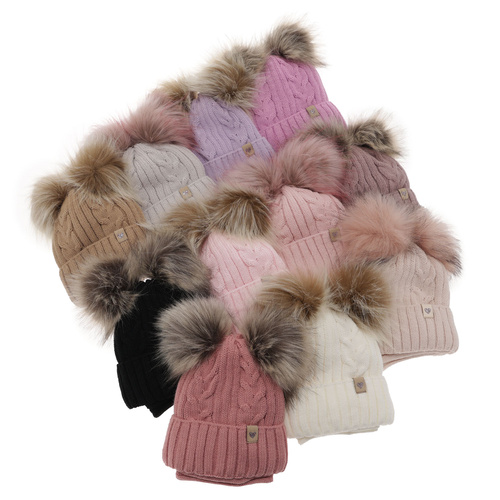 Ensemble d'hiver fille: bonnet et snood, gris, avec deux pompons, Amala