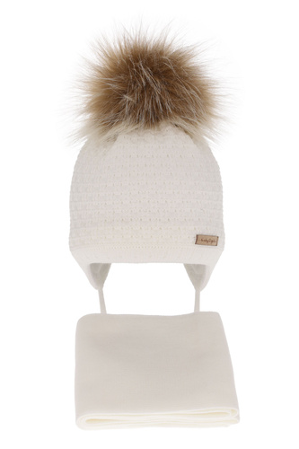 Ensemble d'hiver fille: bonnet et écharpe, blanc, avec pompon, lié, Clotilde