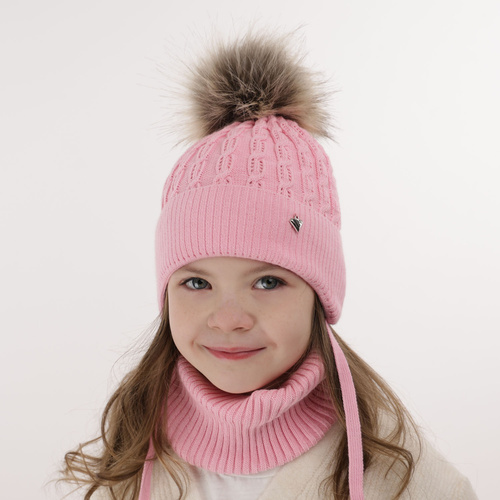 Ensemble d'hiver fille: bonnet et snood, rose, avec pompon, avec liens, Tukana