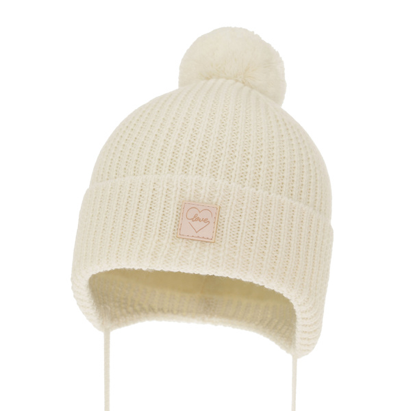 Bonnet d'hiver fille, crème, avec laine mérinos, doublé de polaire, avec liens, Hakkari