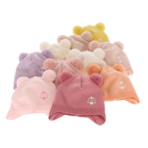 Bonnet automne/printemps fille, blanche, avec deux pompons, avec liens, Bunia