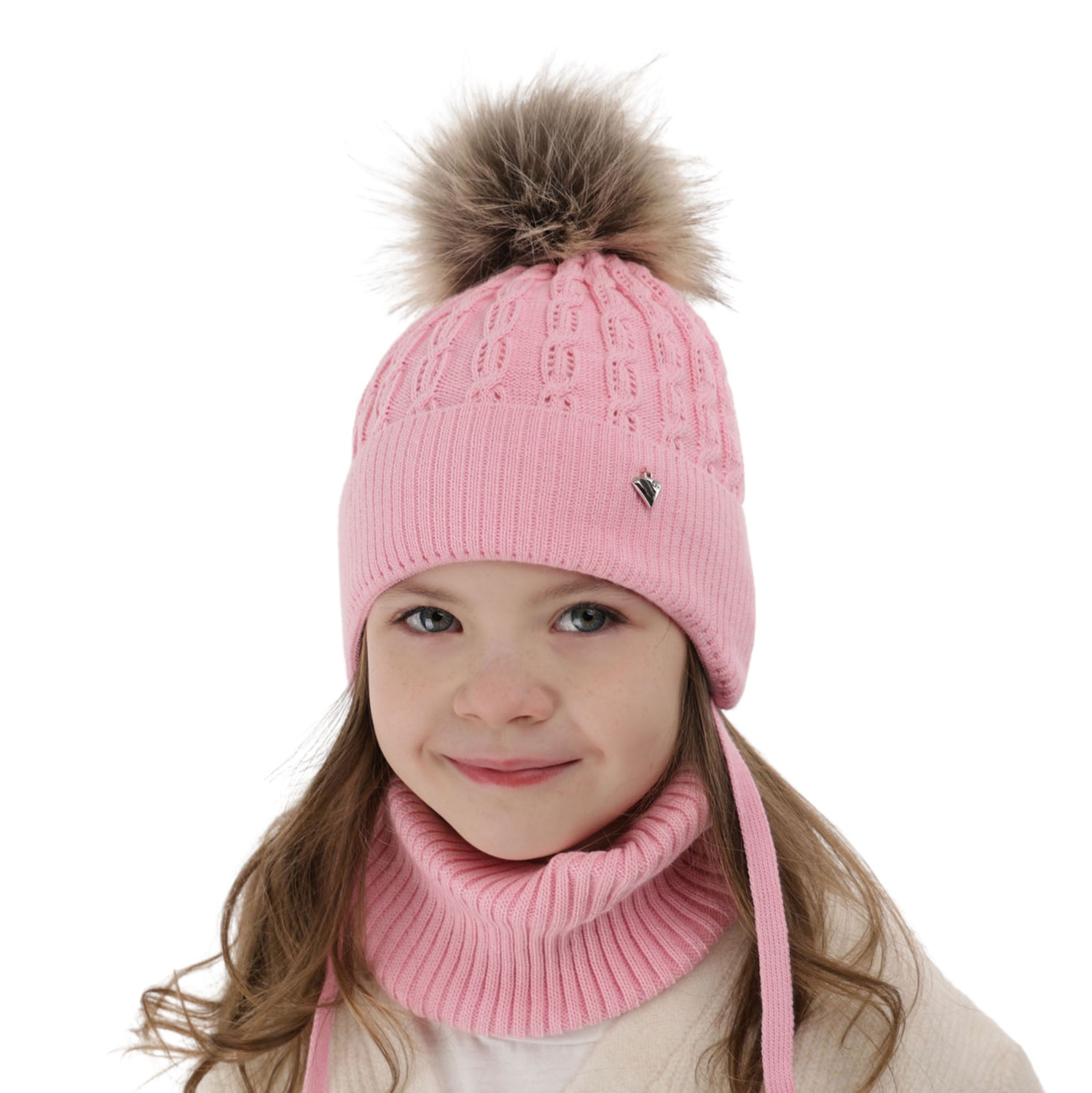 Ensemble d'hiver fille: bonnet et snood, rose, avec pompon, Tukana