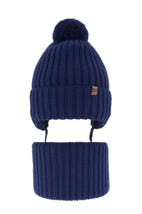 Ensemble d'hiver garçon: bonnet et snood, bleu foncé, avec pompon, avec liens, Carlo