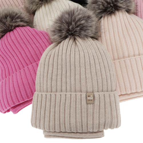 Meisjes winter set (muts en buissjaal), roze, 100% Merino Wol, gevoerd met katoen, met pompon, Terida