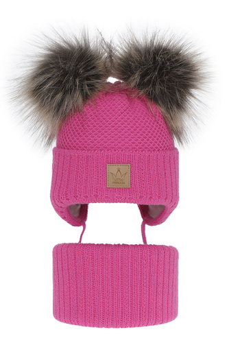 Meisjes winter set muts en buissjaal, roze, met twee pompons, met bindkoorden, Minsi