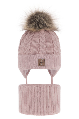 Ensemble d'hiver fille: bonnet et snood, rose, avec liens, avec pompon, Finess