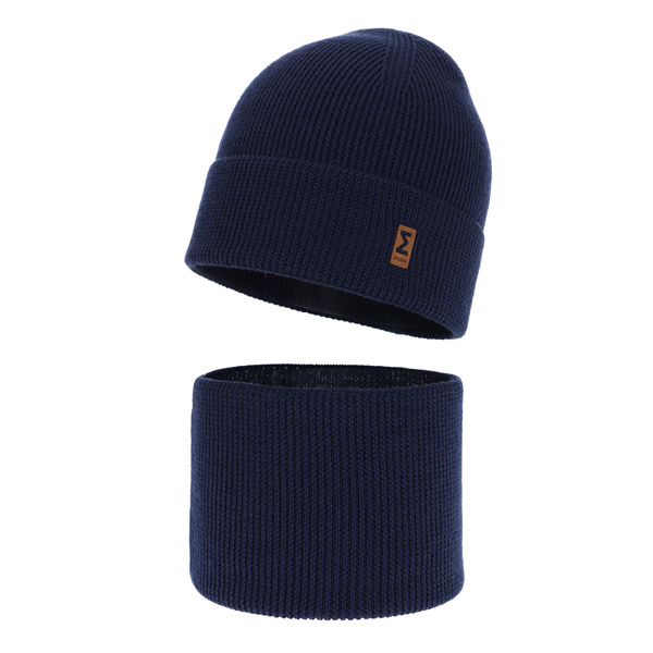 Ensemble automne/printemps garçon: bonnet et snood, bleu marine, avec laine mérinos, Bruce
