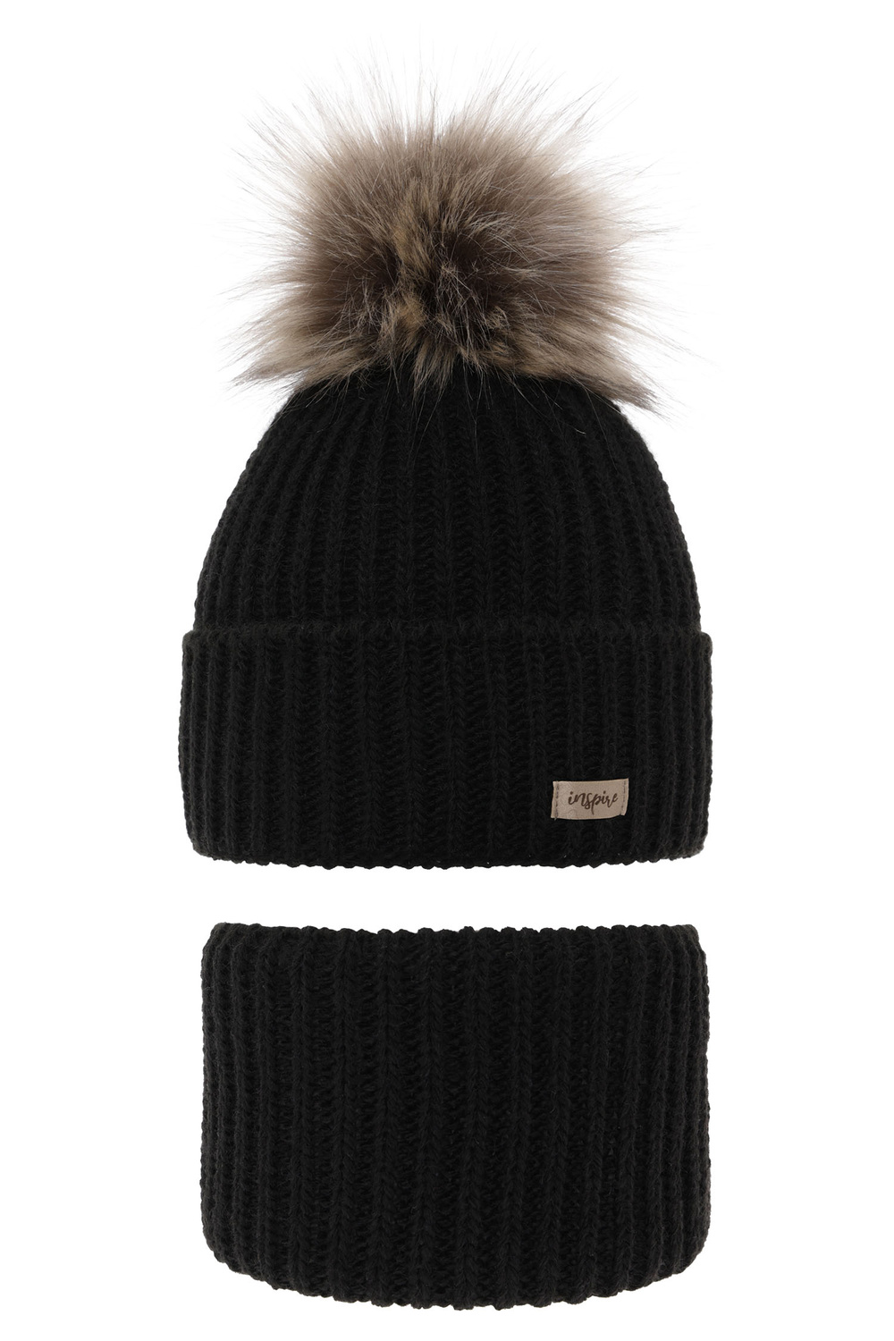 Ensemble d'hiver fille: bonnet et snood, noir, avec pompon, Willow