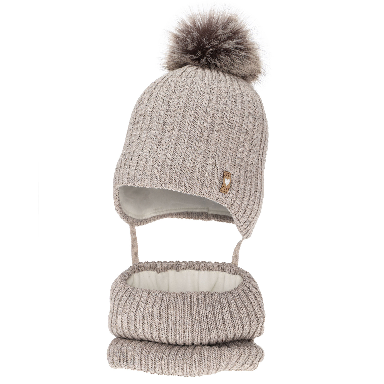 Ensemble d'hiver fille: bonnet et snood, beige, avec laine mérinos, avec pompon, avec liens, Muanda