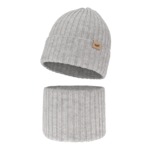 Ensemble d'hiver fille: bonnet et snood, gris, avec laine mérinos, Karmina