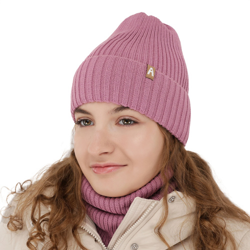 Ensemble d'hiver fille: bonnet et snood, beige, avec laine mérinos, doublé de polaire, Peggy