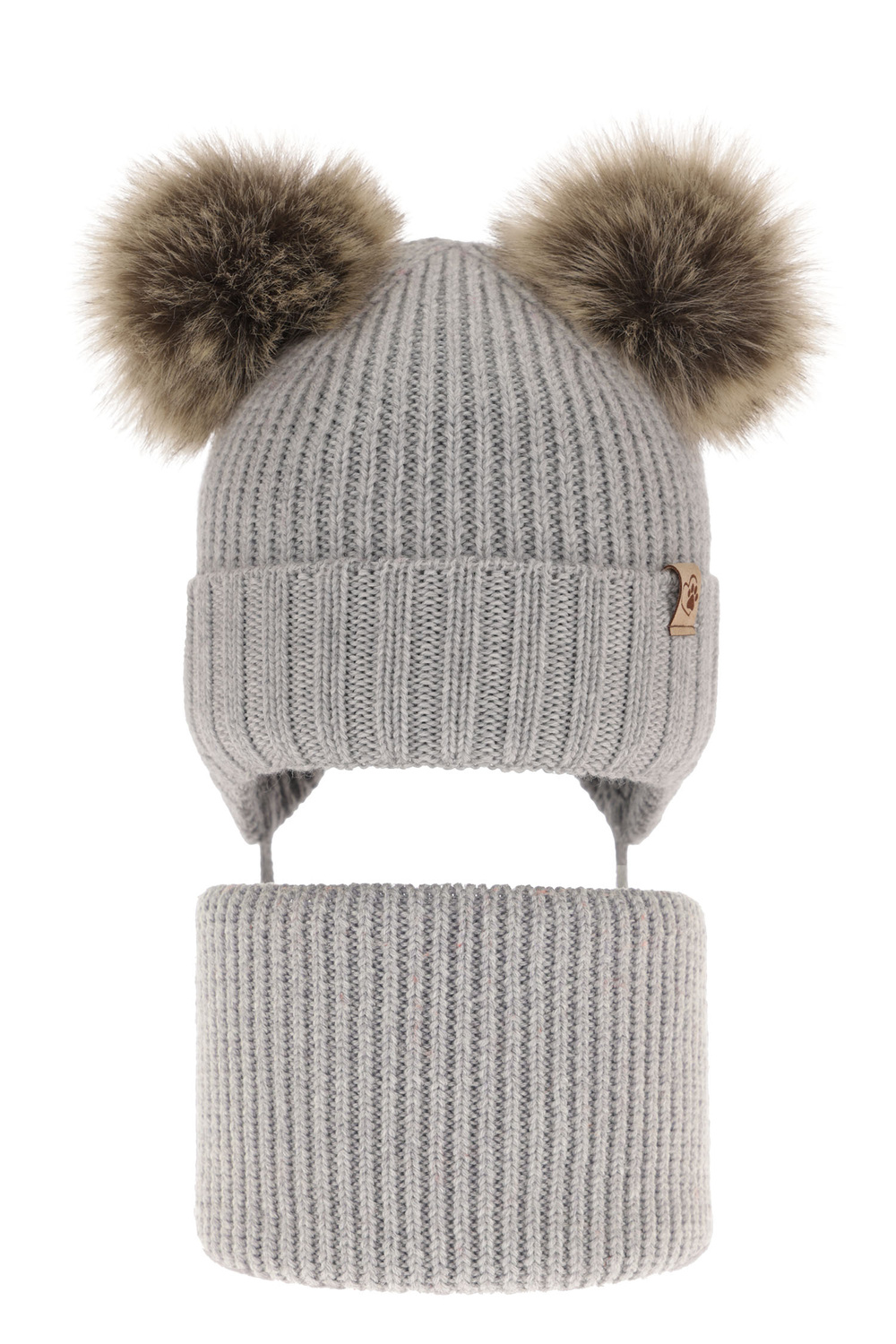 Ensemble d'hiver fille: bonnet et snood, gris, avec deux pompons, avec laine mérinos, Silvia