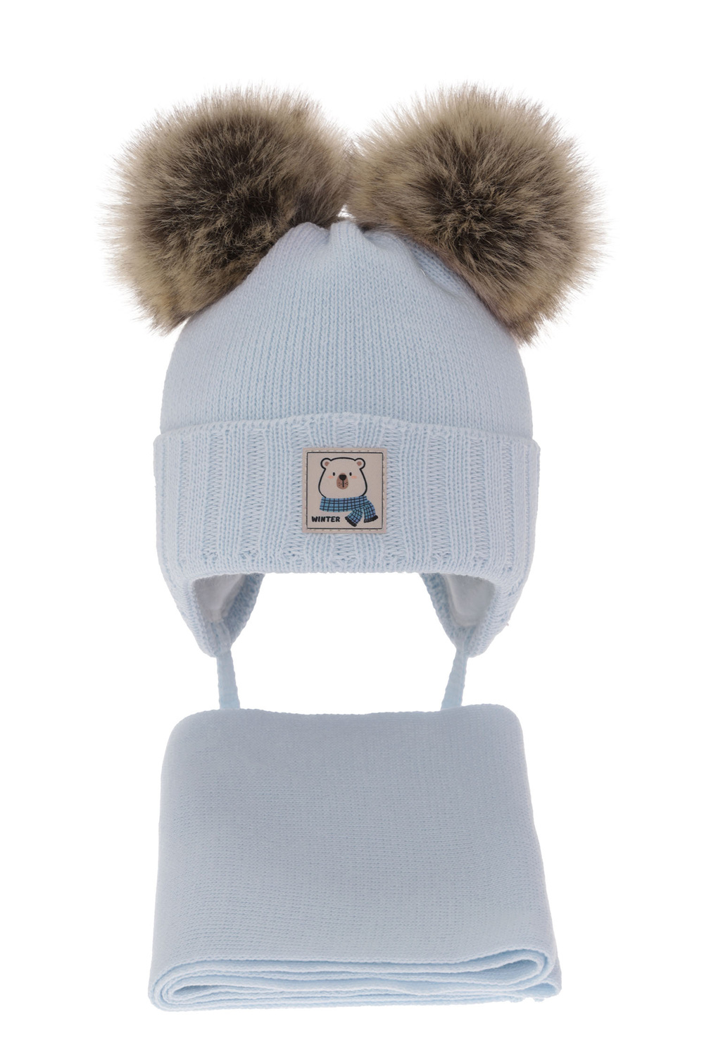 Ensemble d'hiver garçon: bonnet et écharpe, bleu, avec deux pompons, lié, Jewel