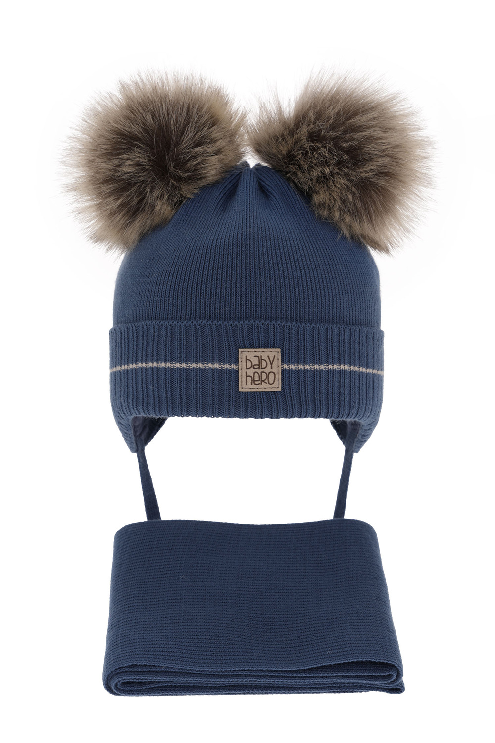 Ensemble d'hiver garçon: bonnet et écharpe, bleu foncé, avec deux pompons, noué, Melon