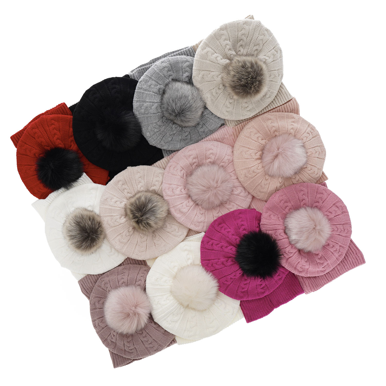 Ensemble d'hiver fille: beret et snood, gris, avec pompon, Koffi