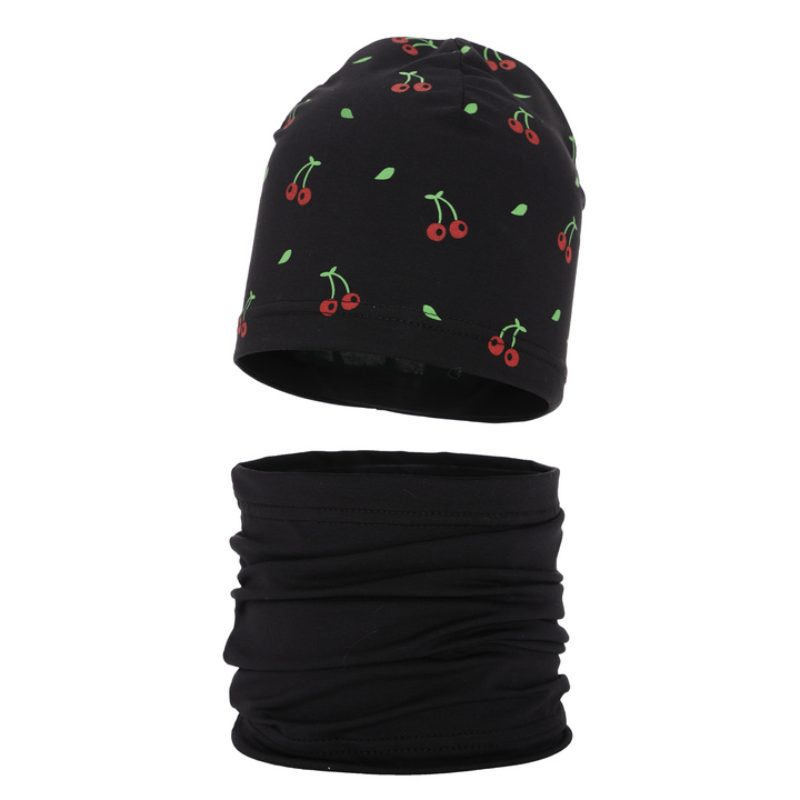 Ensemble automne/printemps fille: bonnet et snood, noir, en coton, Cerise