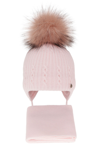 Ensemble d'hiver fille: bonnet et écharpe, rose, avec pompon, Amana