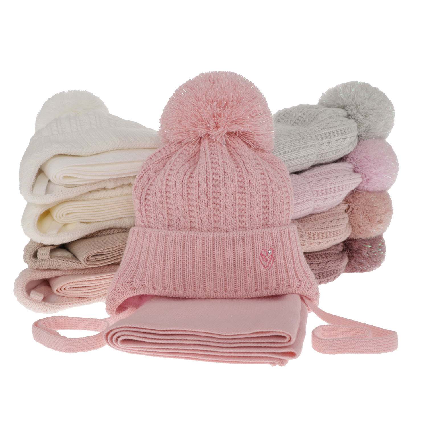 Ensemble d'hiver fille: bonnet et écharpe, gris, avec liens, avec pompon, Marisa