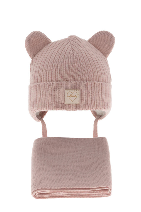 Ensemble d'hiver fille: bonnet et écharpe, rose, avec liens, Antola