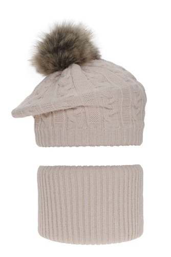Ensemble d'hiver fille: béret et snood, beige, avec pompon, Koffi