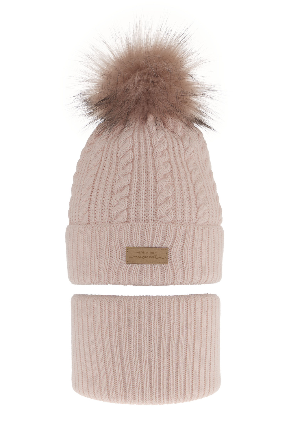 Ensemble d'hiver fille: bonnet et snood, rose, avec pompon, Alika