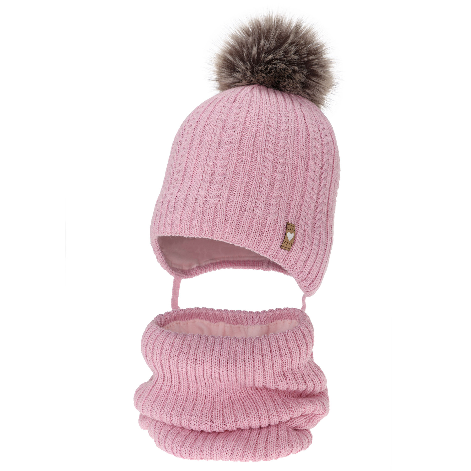 Ensemble d'hiver fille: bonnet et snood, rose, avec laine mérinos, avec pompon, avec liens, Muanda