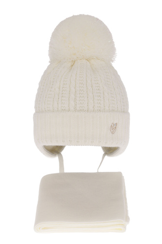 Ensemble d'hiver fille: bonnet et écharpe, crème, avec liens, avec pompon, Marisa