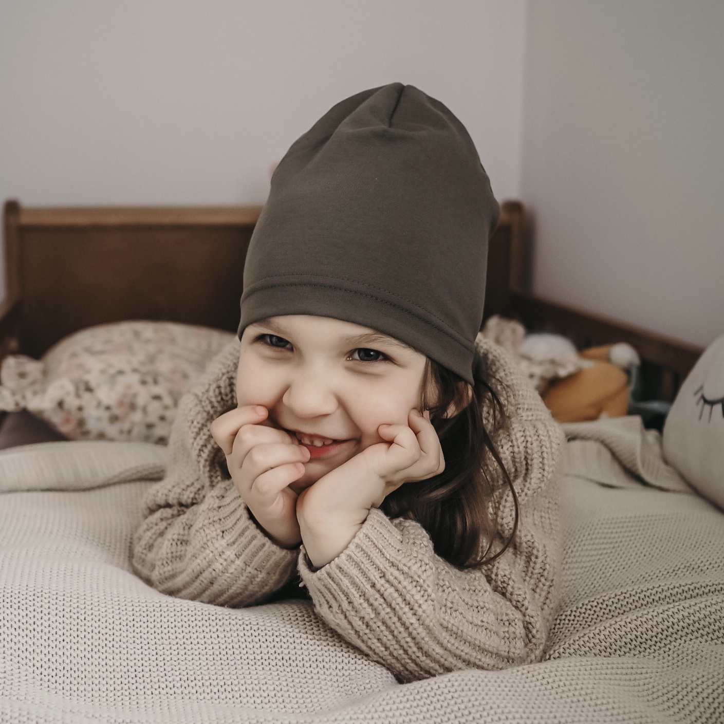 Meisjes herfst/lente set muts en buissjaal, khaki, katoen, Hazelka