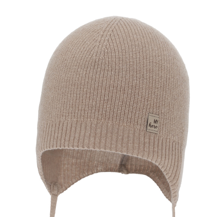 Jongens herfst/lente muts, donkerbeige, met merinowol en kasjmier, met bindkoorden, Tono