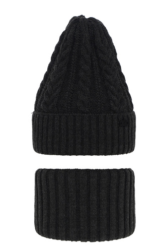 Ensemble d'hiver garçon: bonnet et snood, gris foncé, avec écusson, Colins