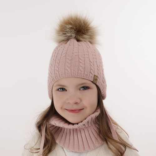 Ensemble d'hiver fille: bonnet et snood, rose, avec pompon, Loreley