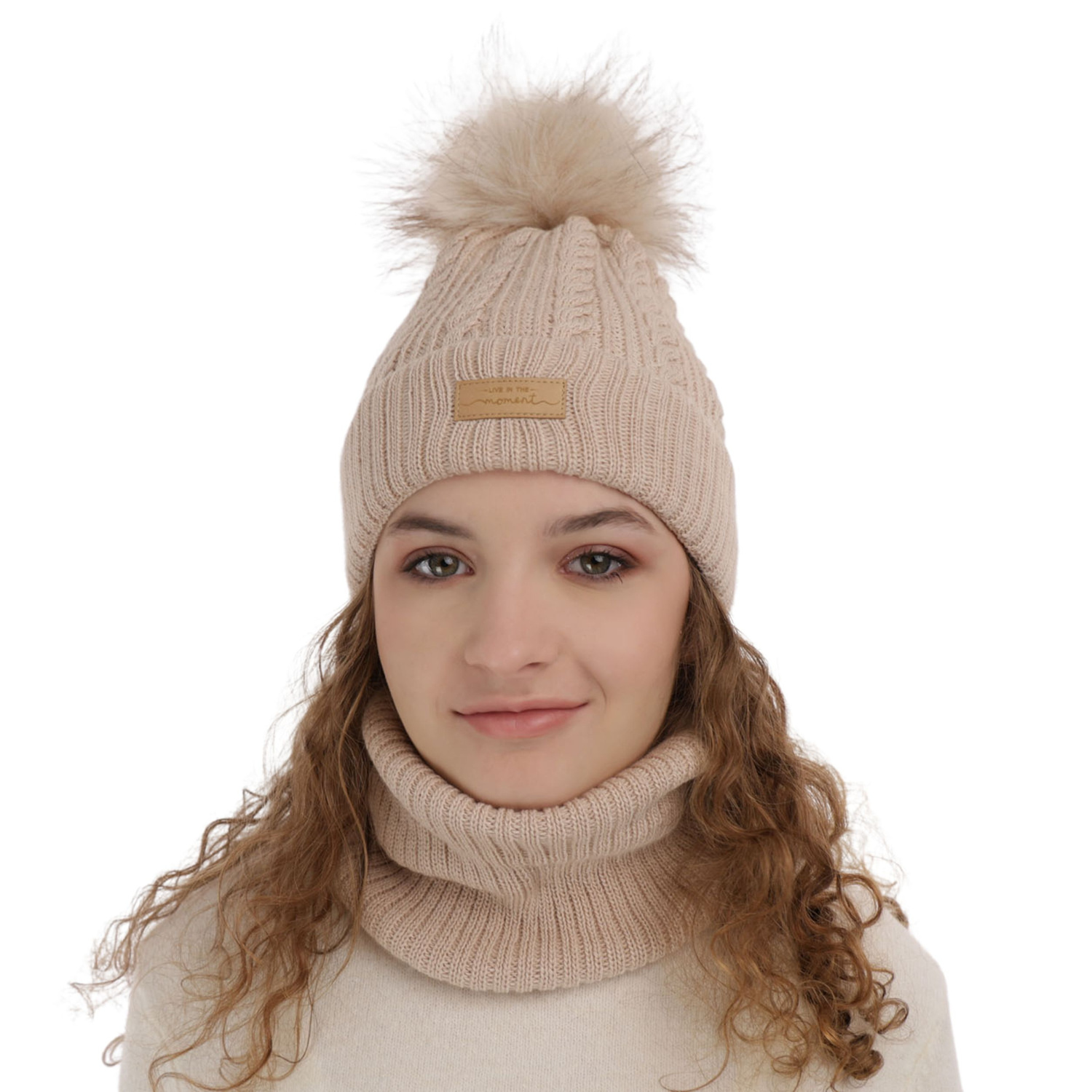 Ensemble d'hiver fille: bonnet et snood, beige, avec pompon, Alika