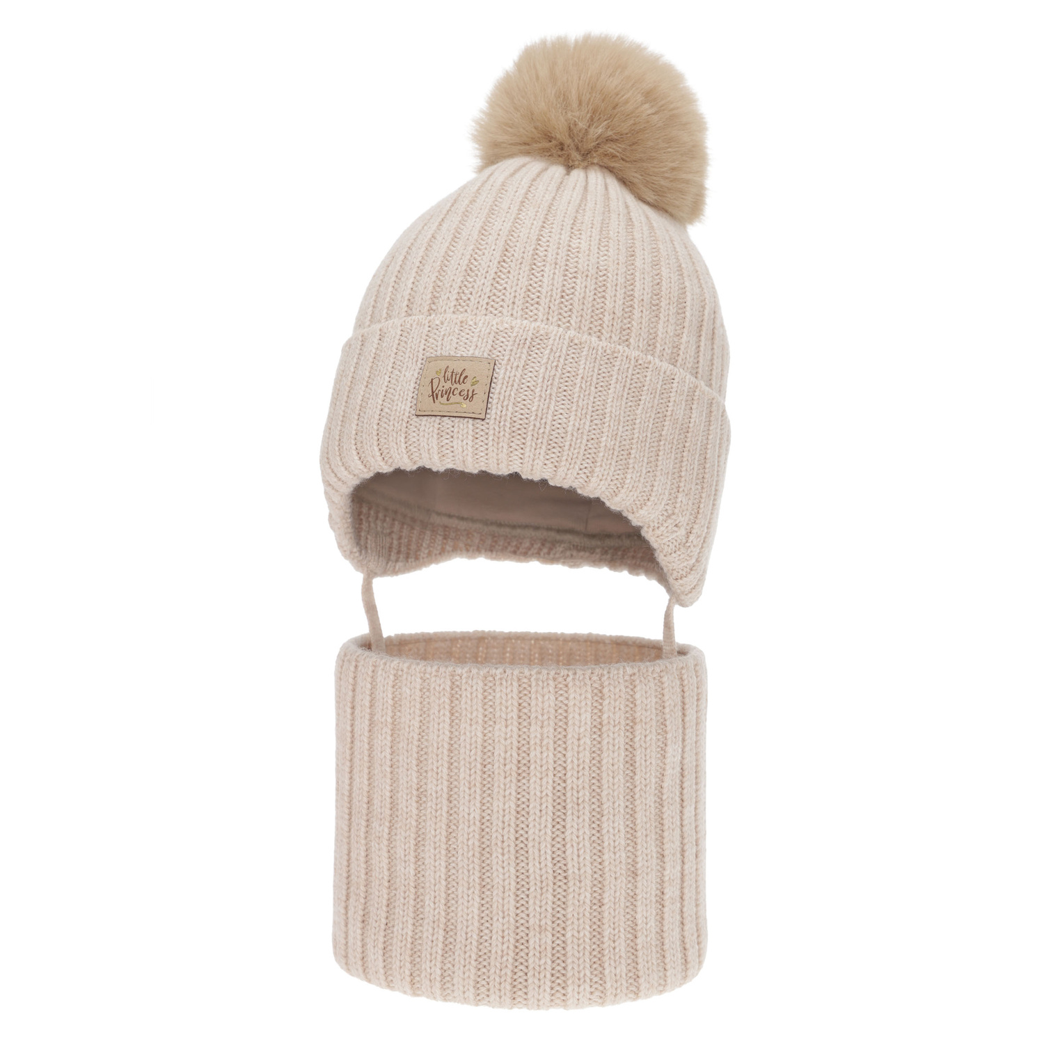 Meisjes winter set (muts en buissjaal), beige, 100% merino wol, met bindkoorden, gevoerd met katoen, Malesia