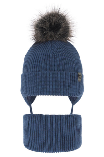 Ensemble d'hiver garçon: bonnet et snood, bleu, avec pompon, Honed