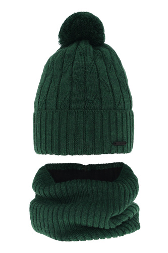 Ensemble d'hiver garçon: bonnet et snood, vert, avec pompon, avec laine mérinos, Talar