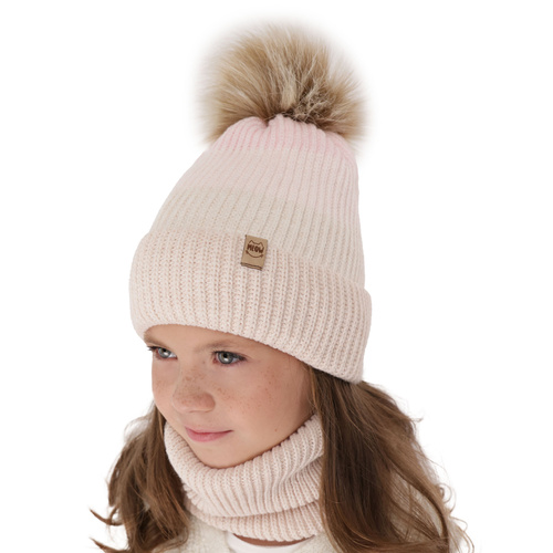 Ensemble d'hiver fille: bonnet et snood, gris, avec pompon, Gimena